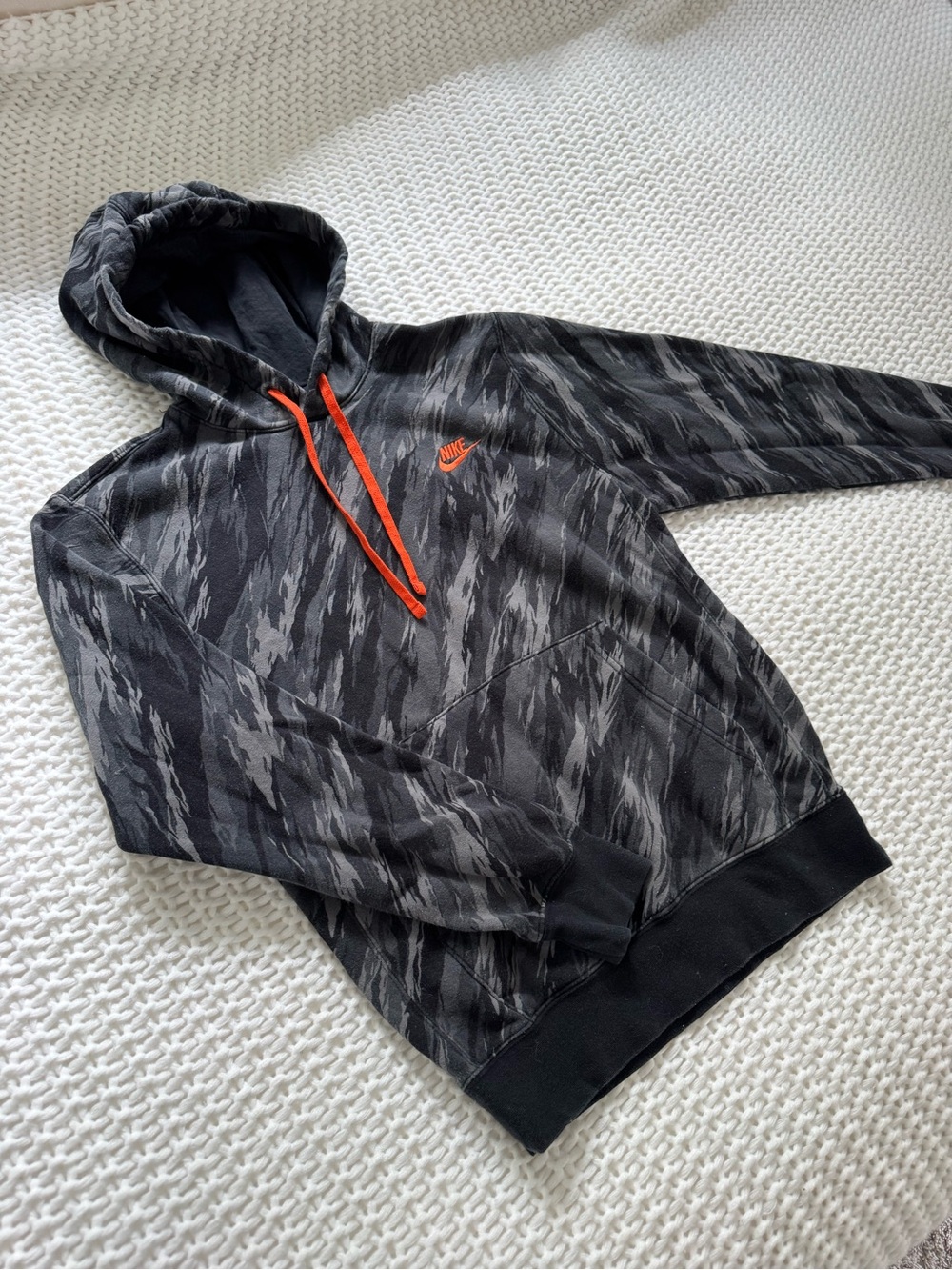 Nike Men’s Black & Gray Camo-Style Hoodie with Orange Accents